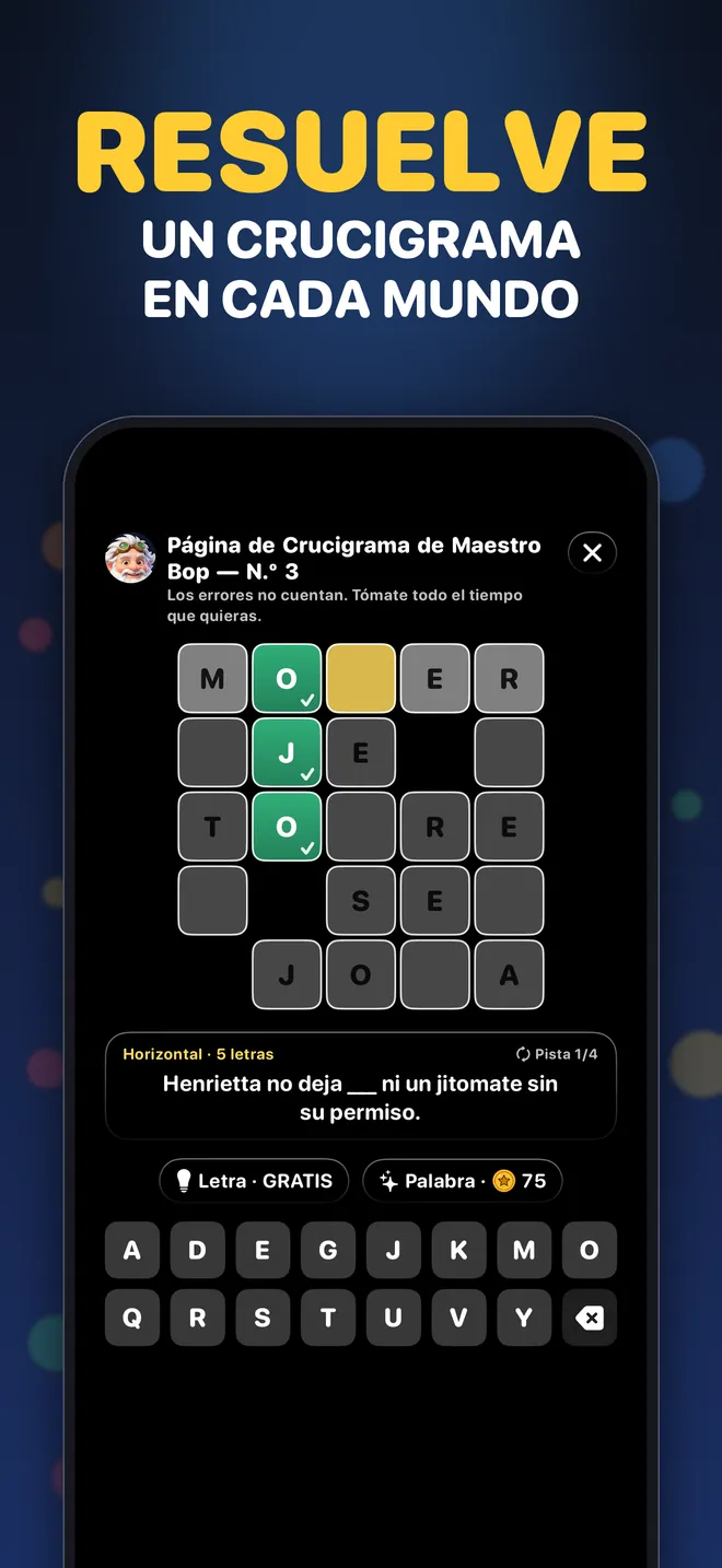Resuelve un crucigrama en cada mundo