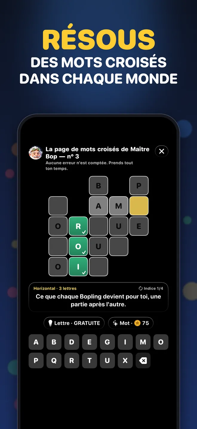 Résous des mots croisés dans chaque monde